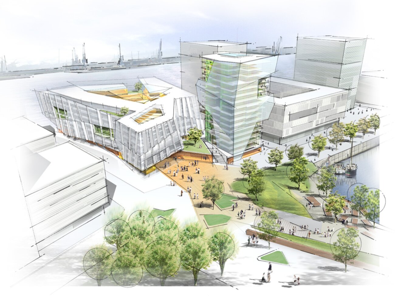 Project by Behnisch Architekturbuero, Unilever Headquarters for Germany, Austria, and Switzerland. Concept rendering of a waterfront complex with modern glass buildings, a central plaza, trees, and people gathered along paths and green spaces.