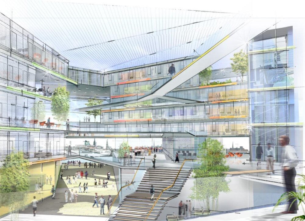 Project by Behnisch Architekturbuero, Unilever Headquarters for Germany, Austria, and Switzerland. Concept rendering of a multi-level interior atrium with stairs, bridges, glass walls, trees, and people moving through open shared spaces.
