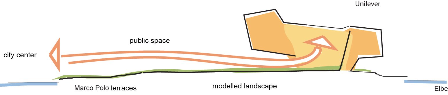 Project by Behnisch Architekturbuero, Unilever Headquarters for Germany, Austria, and Switzerland. Concept sketch showing a site plan with arrows linking city center with the Unilever building, labeled public space, Marco Polo terraces, modelled landscape, and Elbe.