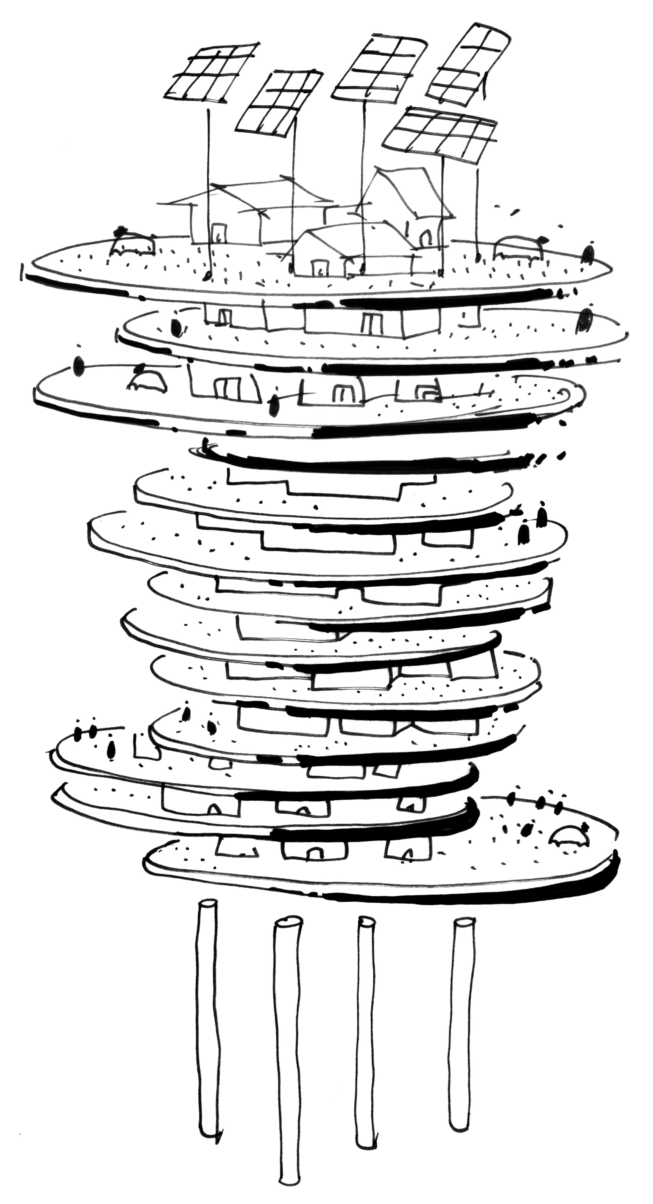 Project by Behnisch Architekturbuero, Marco Polo Tower. Concept sketch regarding the structure of the building.