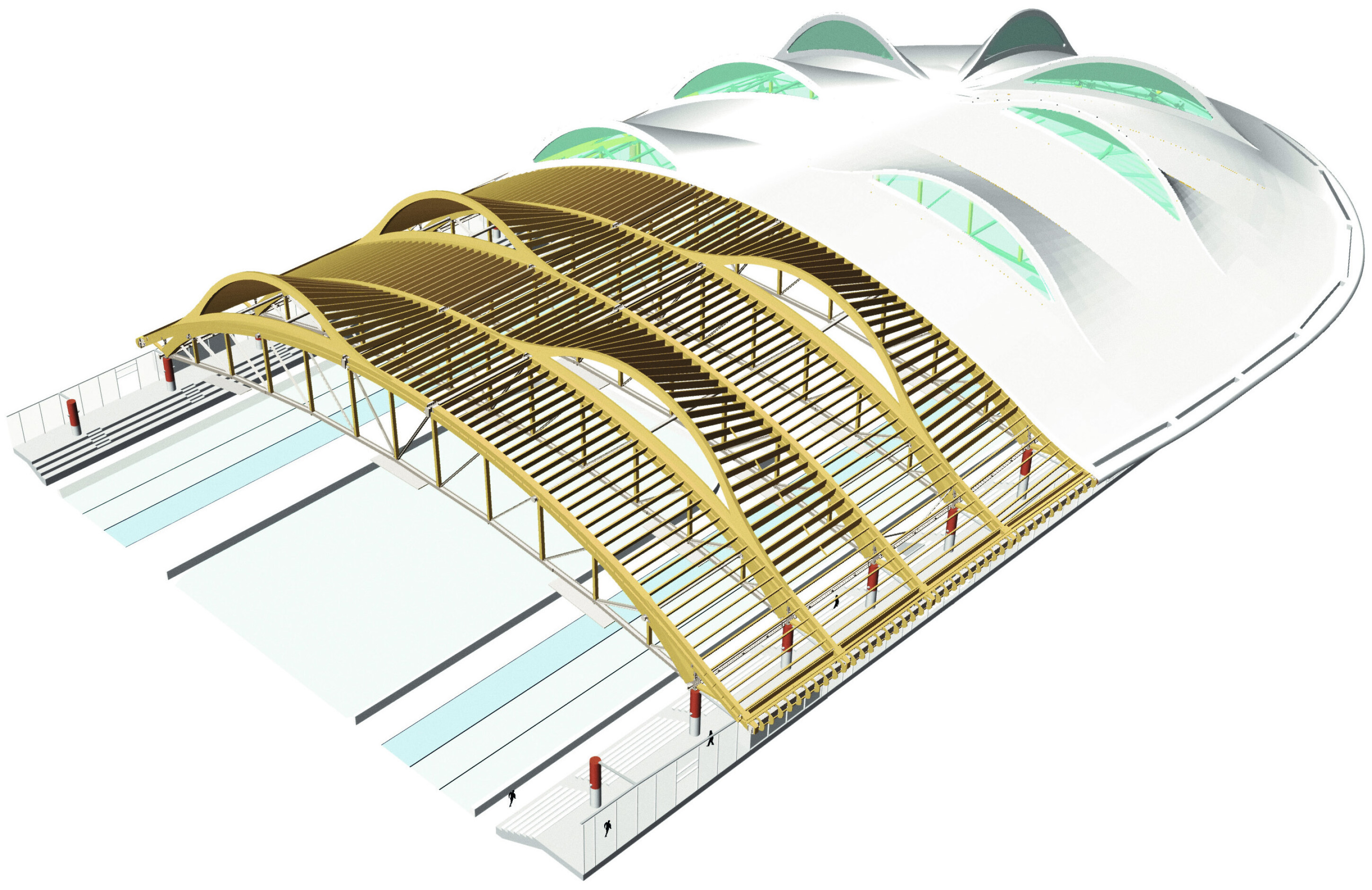 Project by Behnisch Architekturbuero, Max Aicher Arena. Architectural representation of a large building with curved wooden roof ribs and a white roof showing the structure and traffic routes.
