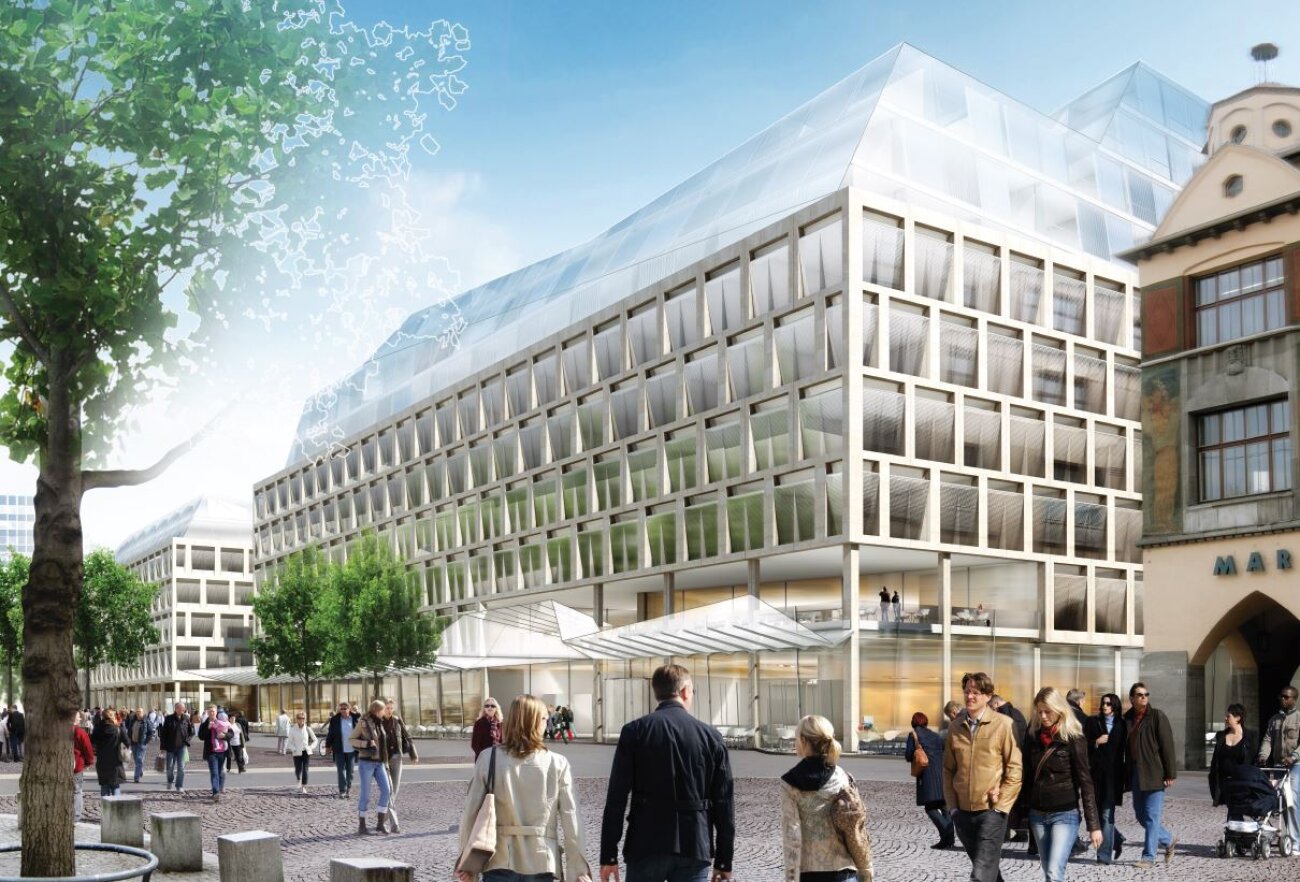 Project by Behnisch Architekturbuero, Dorotheen Quartier. Contemporary multi-story building with grid facade and glass base, people walking in a busy square with trees and nearby historic buildings.