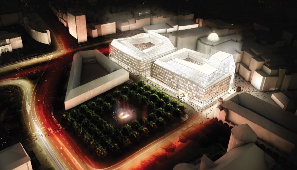 Project by Behnisch Architekturbuero, Dorotheen Quartier. Night aerial rendering of two illuminated courtyard buildings beside a tree-filled park and busy streets with light trails.