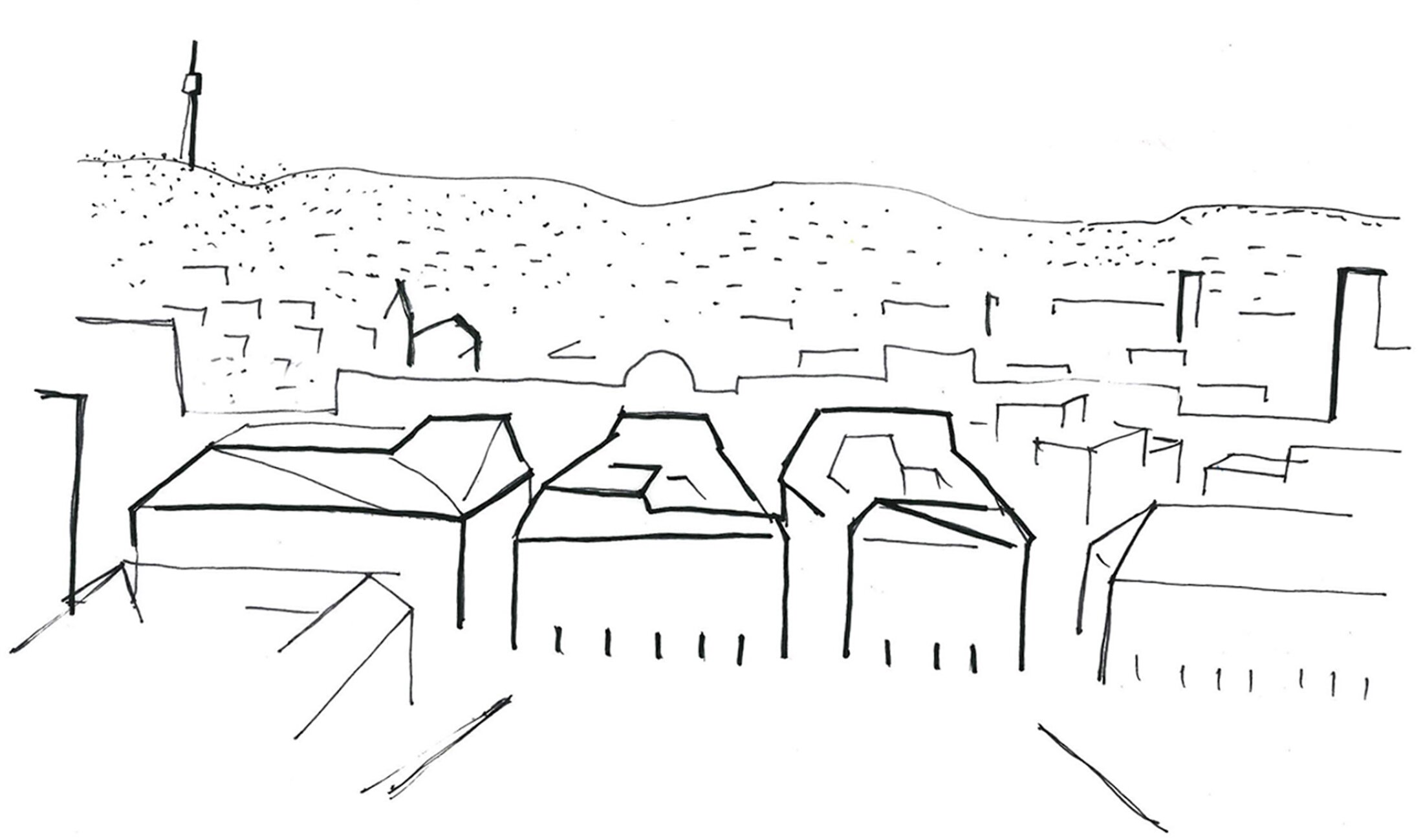 Project by Behnisch Architekturbuero, Dorotheen Quartier. Brief concept outline showing its integration into the Stuttgart cityscape.