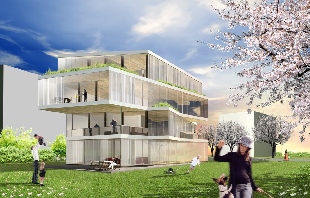 Project by Behnisch Architekturbuero, Marco Polo Tower. Waterfront cityscape with a modern high-rise tower, riverside promenade, and harbor with cranes and industrial buildings in the background.