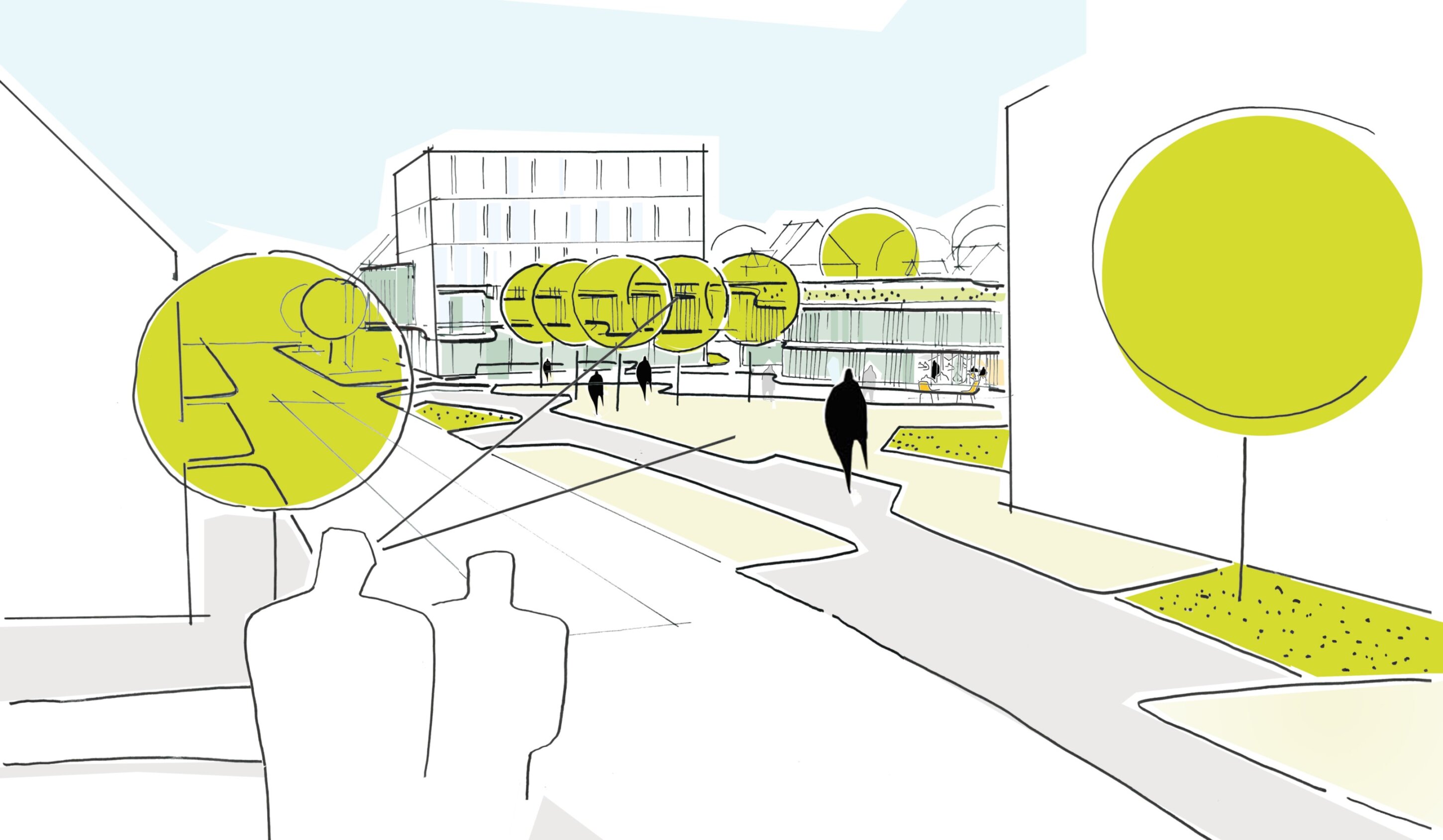 Project by Behnisch Architekturbuero, Townhall Kolbermoor. Concept sketch of an urban plaza with paths, trees highlighted in green circles, buildings, and people walking through the space.