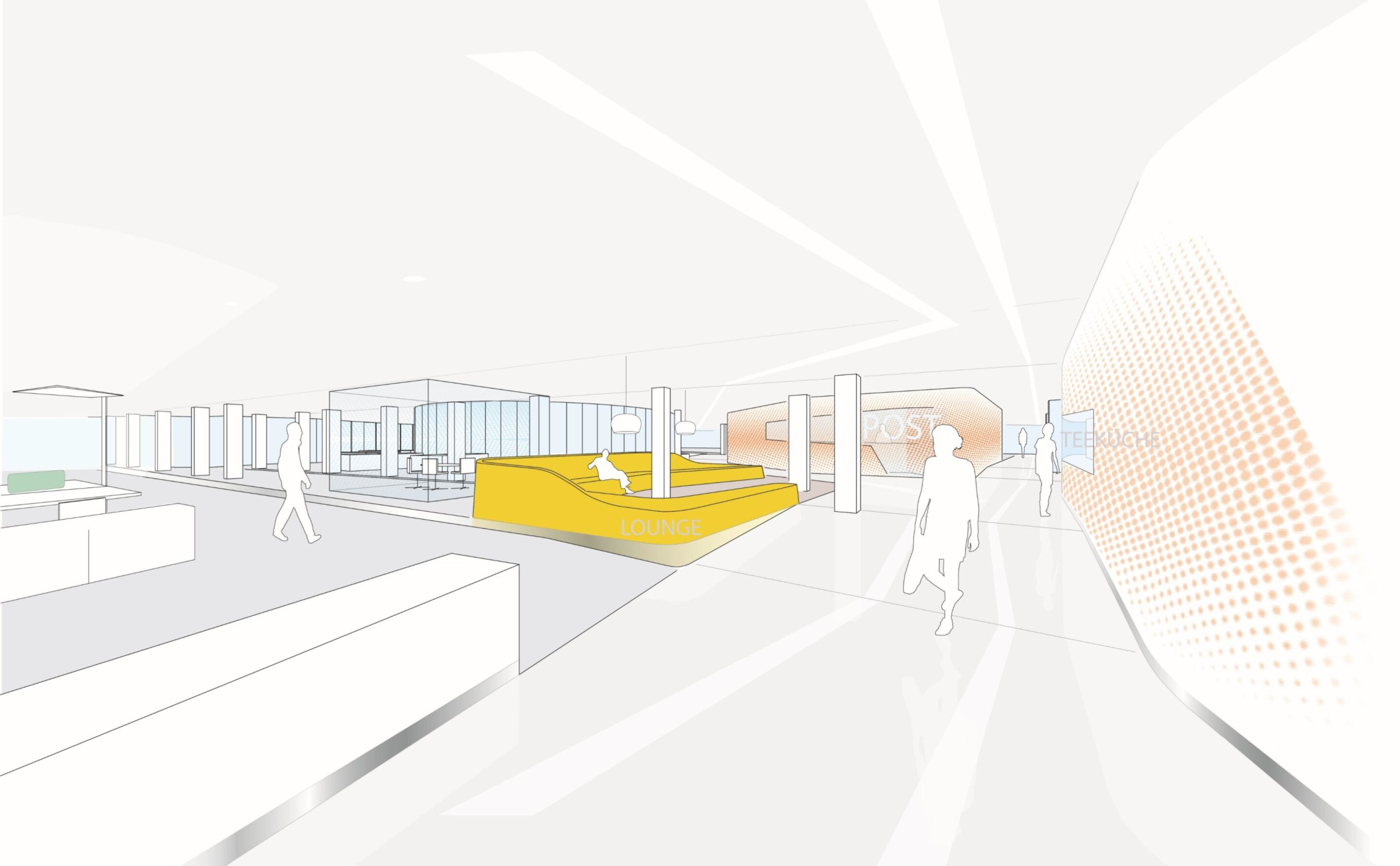 Project by Behnisch Architekturbuero, Breuninger Headquarter. Concept drawing of open interior space with columns, figures, and a central yellow lounge seating area labeled &ldquo;Lounge,&rdquo; plus patterned wall panels.