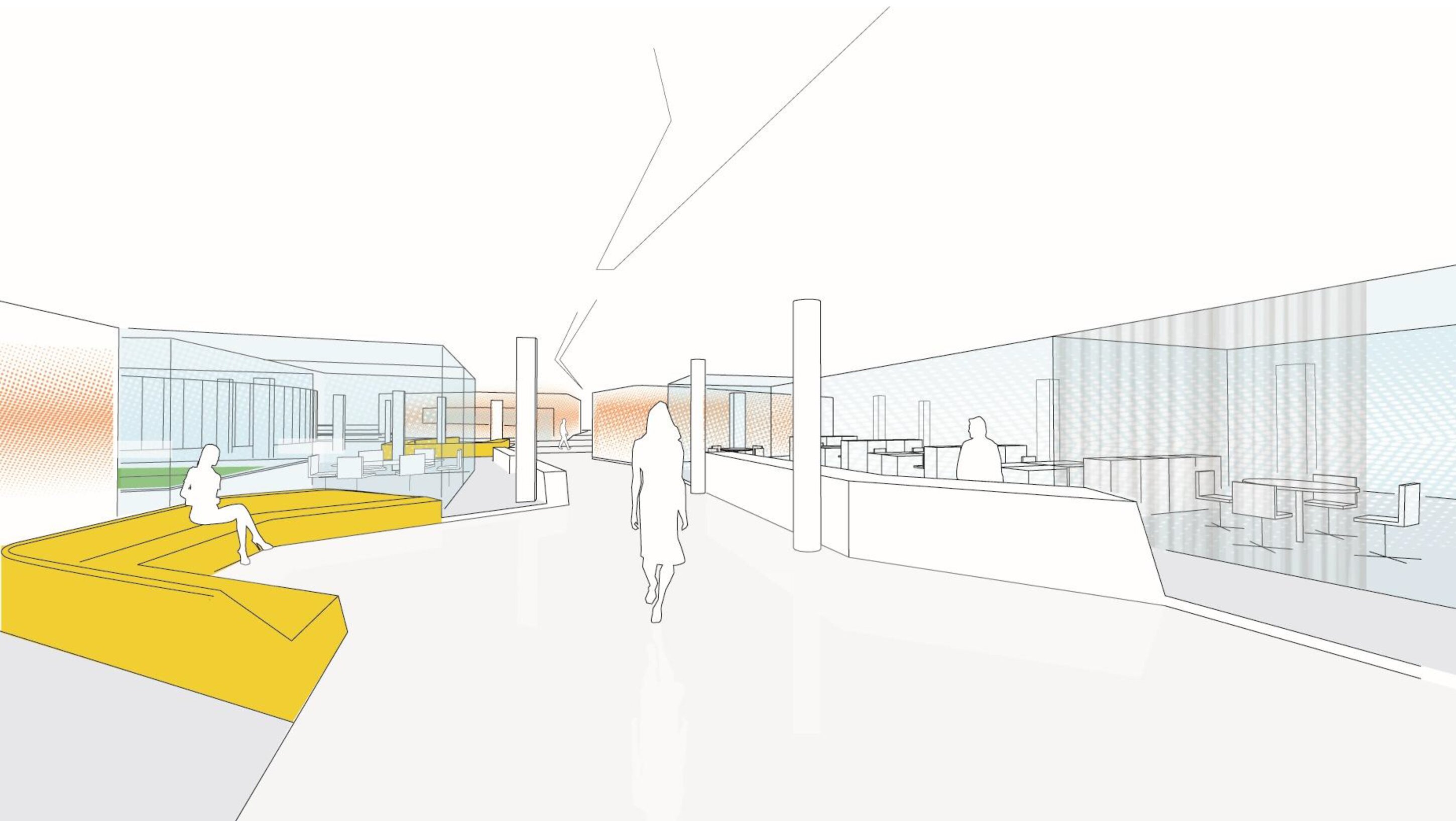 Project by Behnisch Architekturbuero, Breuninger Headquarter. Concept sketch of open interior with columns, glass rooms, and figures; yellow seating benches line a central walkway.