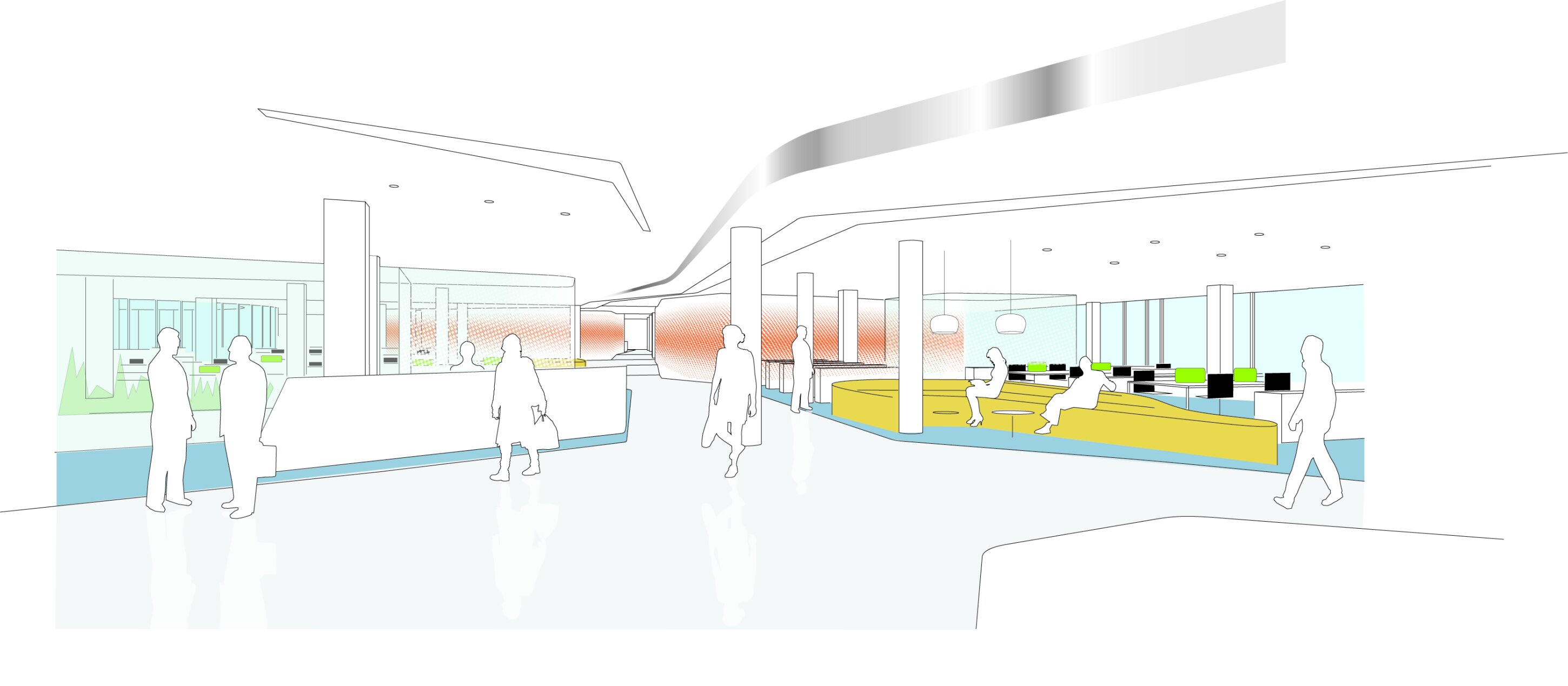 Project by Behnisch Architekturbuero, Breuninger Headquarter. Concept sketch of open interior lobby with columns, reception desk, people walking, and long yellow seating benches in the center.