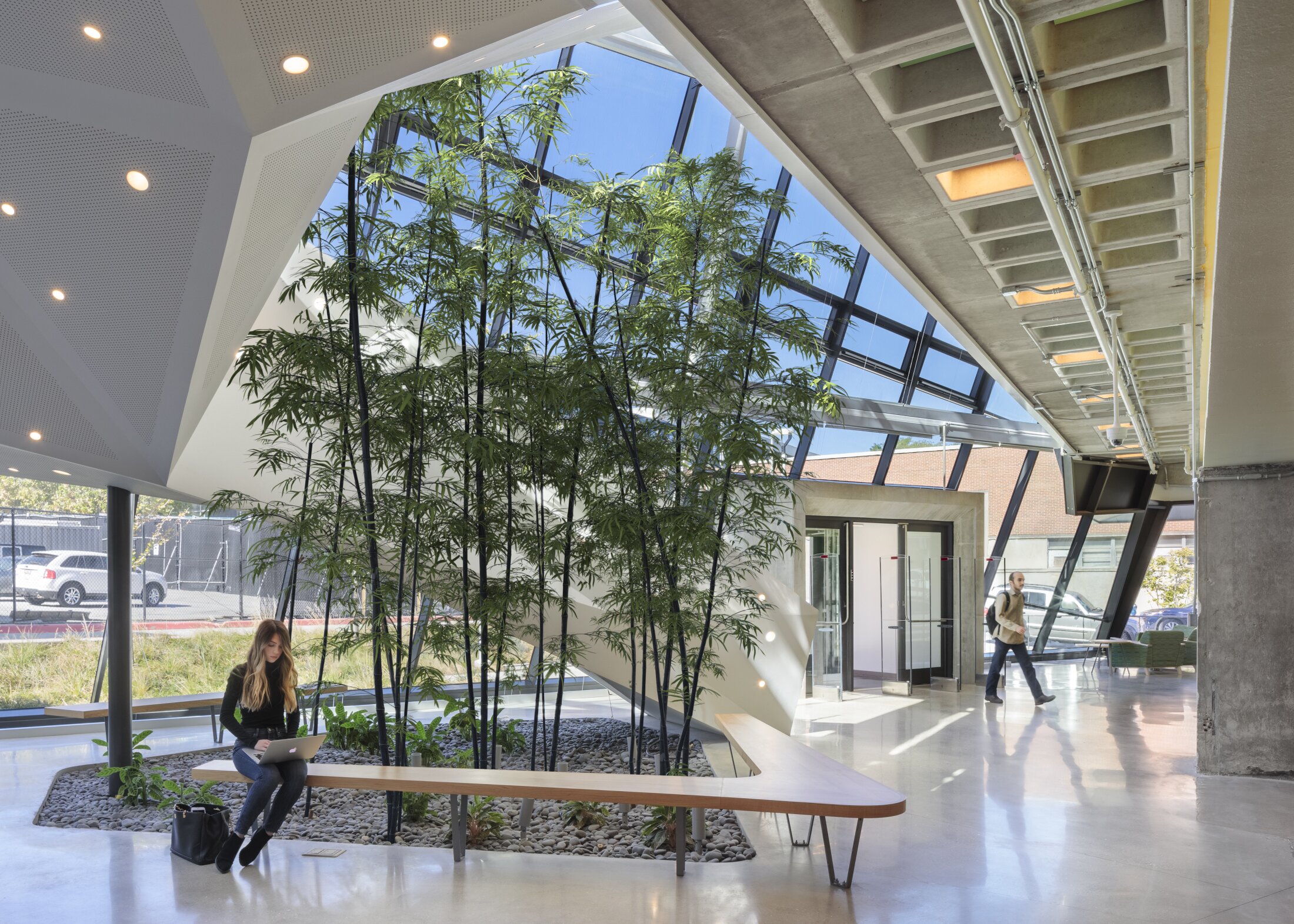 Project by Behnisch Architekturbuero, Robert Bogomolny Library. An atrium with a glass facade, indoor plants, and benches. One person is working on a laptop while another walks past the entrance.