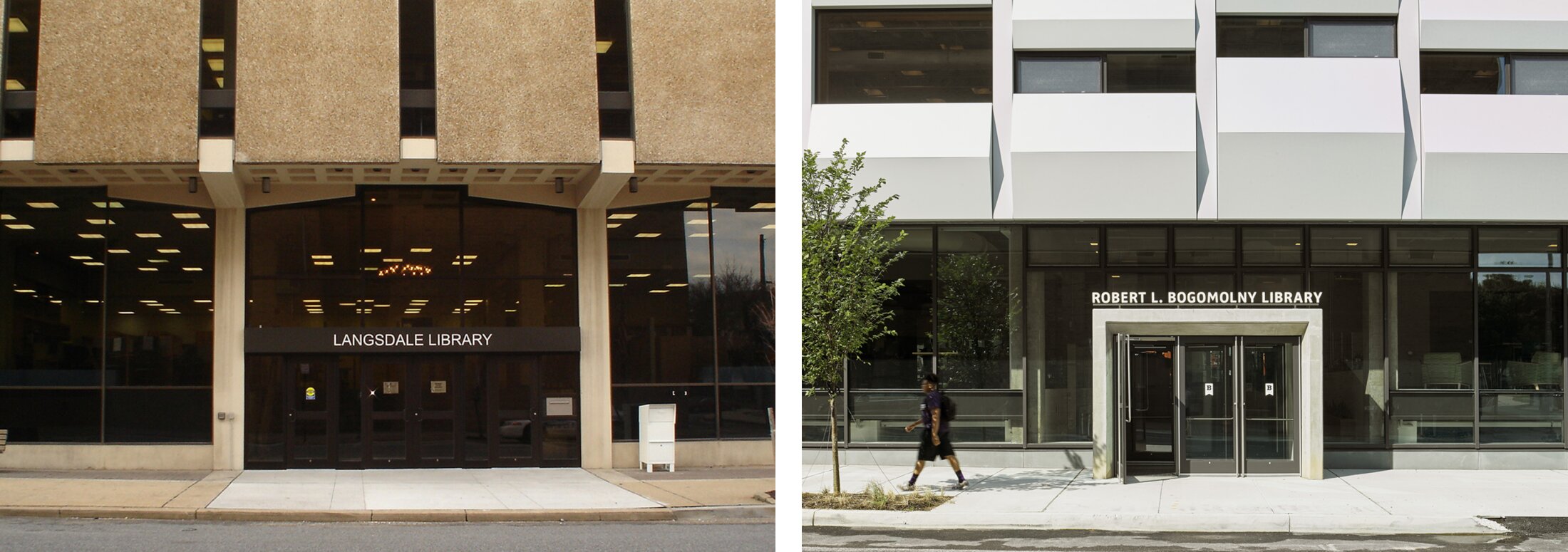 Project by Behnisch Architekturbuero, Robert Bogomolny Library. Views of two library entrances side by side: A before-and-after shot of the library.