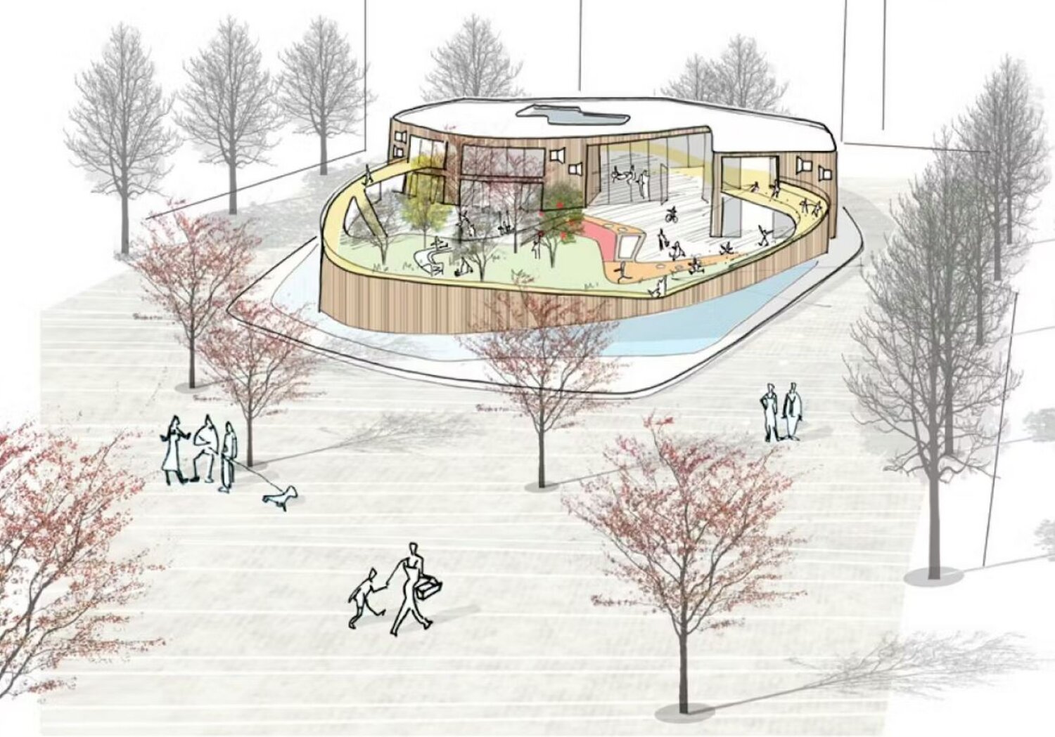 Project by Behnisch Architekturbuero, Townhall Heidelberg Schwetzinger Terasse. Concept sketch of the rounded building with a landscaped roof courtyard, surrounded by trees and people walking in an open plaza.