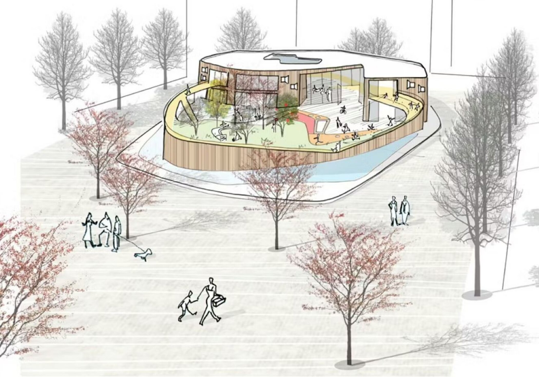 Project by Behnisch Architekturbuero, Townhall Heidelberg Schwetzinger Terasse. Concept sketch of the rounded building with a landscaped roof courtyard, surrounded by trees and people walking in an open plaza.