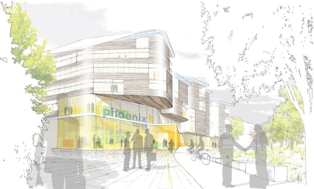 Project by Behnisch Architekturbuero, Headquarter Phoenix AG. Illustrated rendering of a modern building with glass ground floor, people standing and walking outside, and trees lining a pedestrian path.
